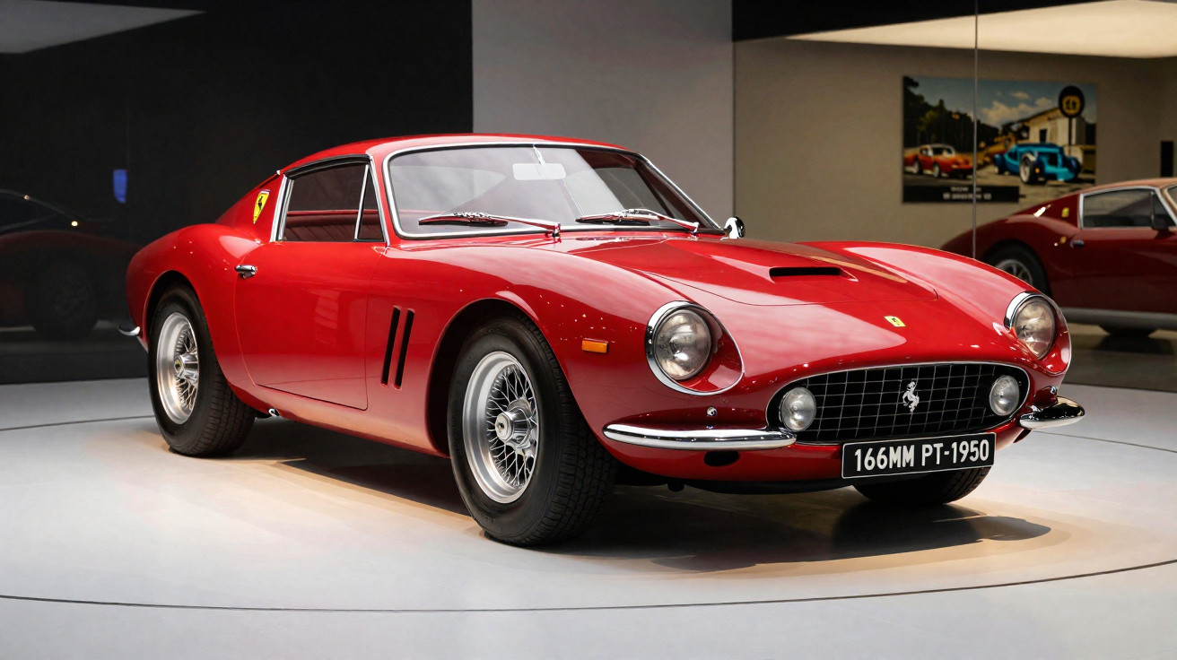 Roter Ferrari Oldtimer mit runden Scheinwerfern und Chromfelgen in einem Ausstellungsmuseum.