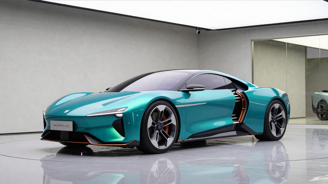 Türkisfarbener futuristischer Sportwagen steht in modernem, minimalistischen Raum mit Spiegelwand.