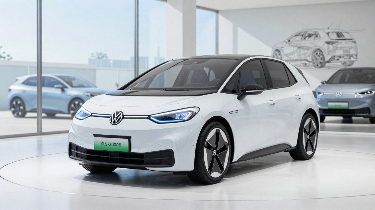 Weißer Volkswagen ID.3 Elektroauto im modernen Showroom mit großen Fenstern und mehreren Fahrzeugen.