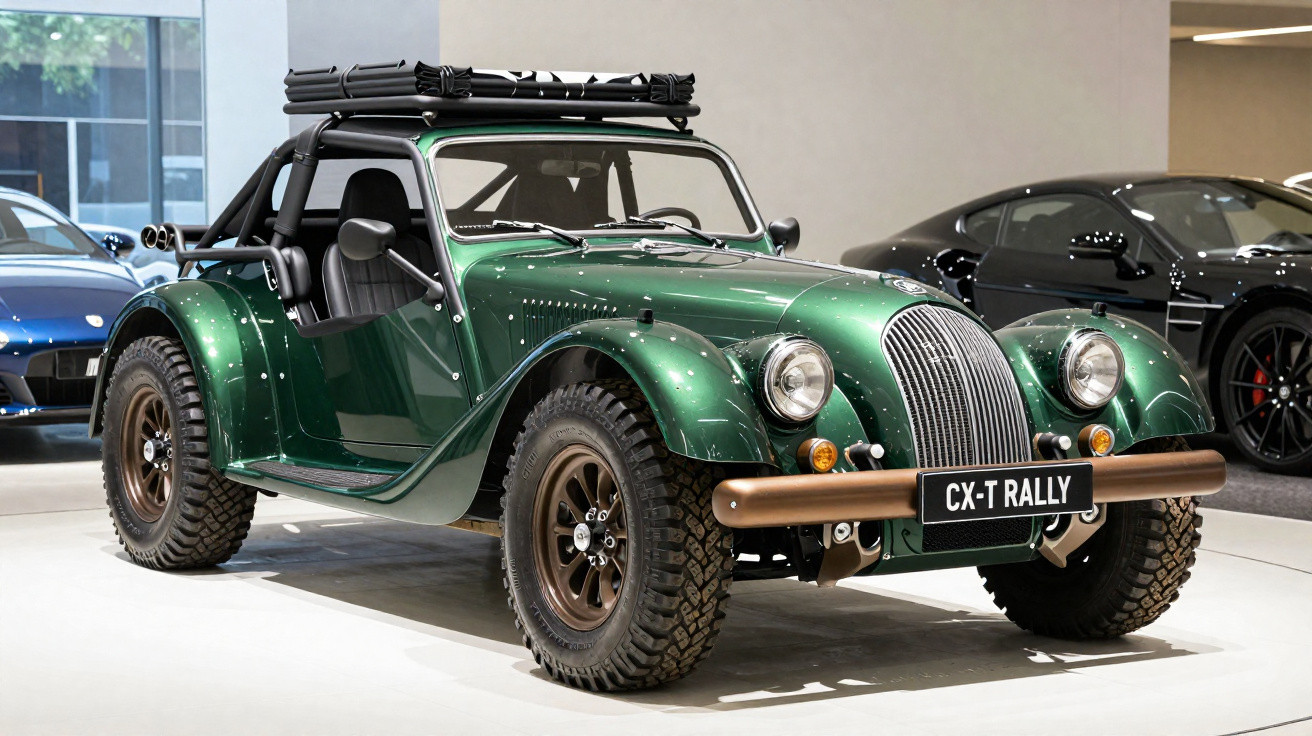 Grünes Geländefahrzeug im Retro-Stil mit großen Offroad-Reifen und Dachgepäckträger in einer Ausstellungshalle.