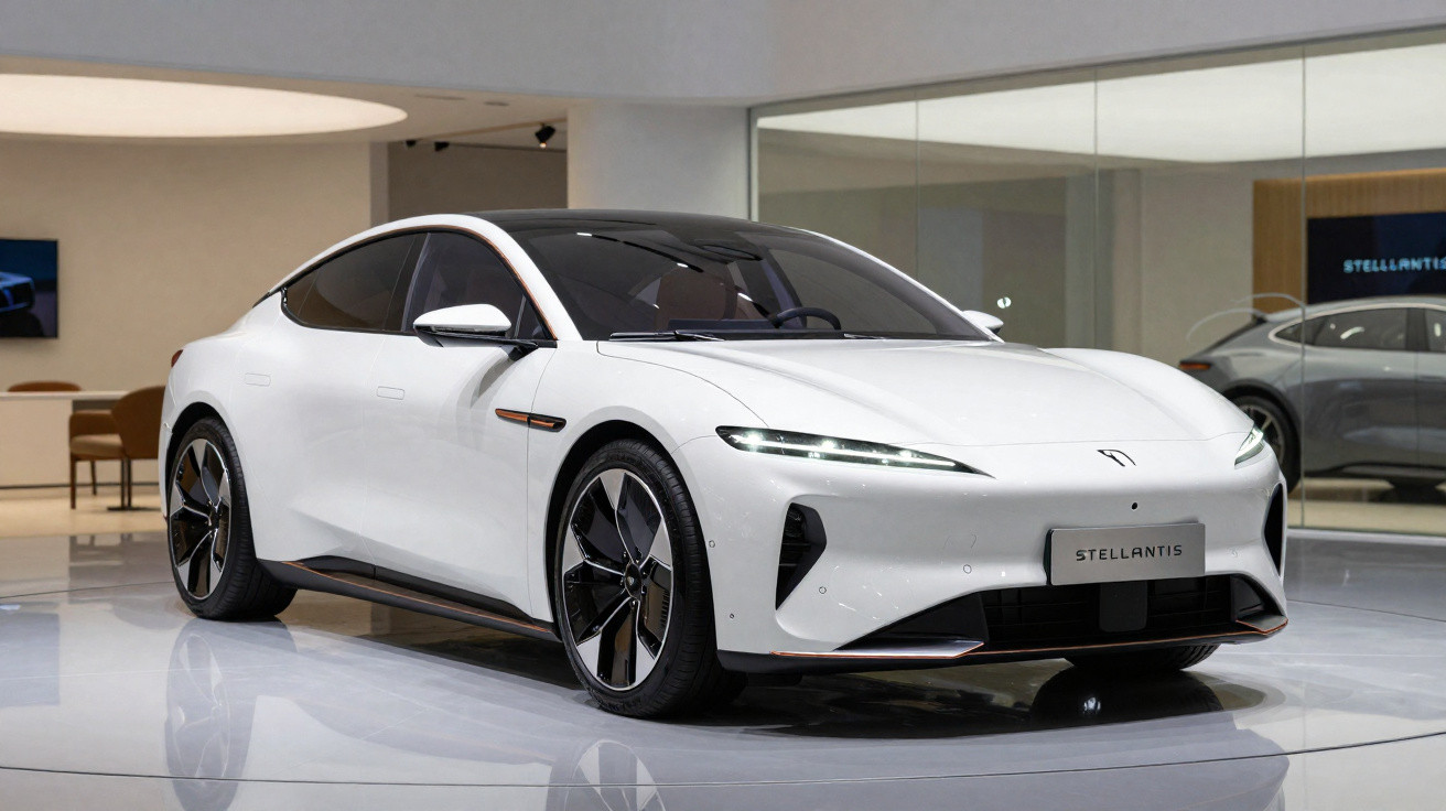 Weißes, futuristisches Elektroauto in einem modernen Showroom mit großen Fensterflächen.