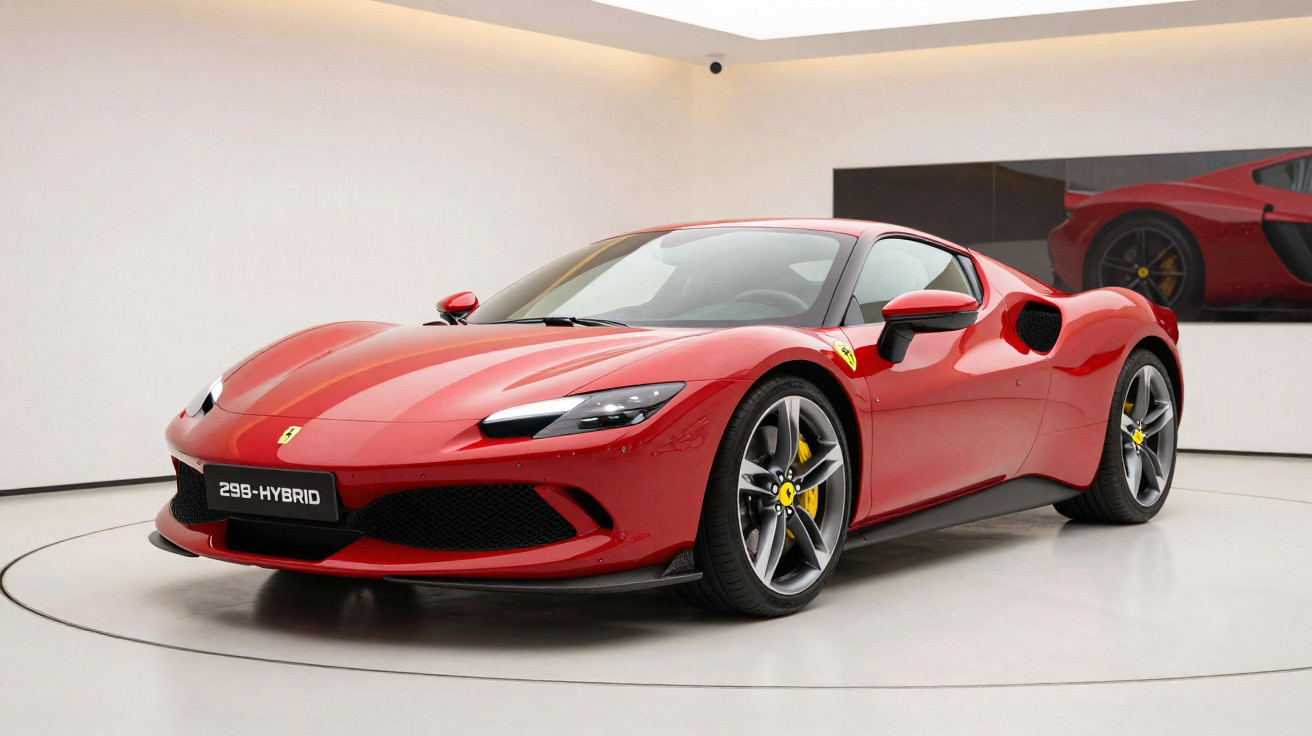 Roter Ferrari 299-Hybrid Sportwagen in modernem Ausstellungsraum mit weißem Boden und Wänden.