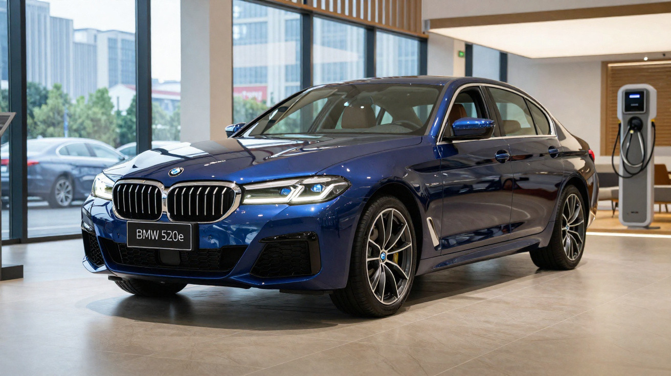Blauer BMW 520e Elektro-Limousine im Showroom neben Ladestation, moderne Innenarchitektur, Tageslicht.