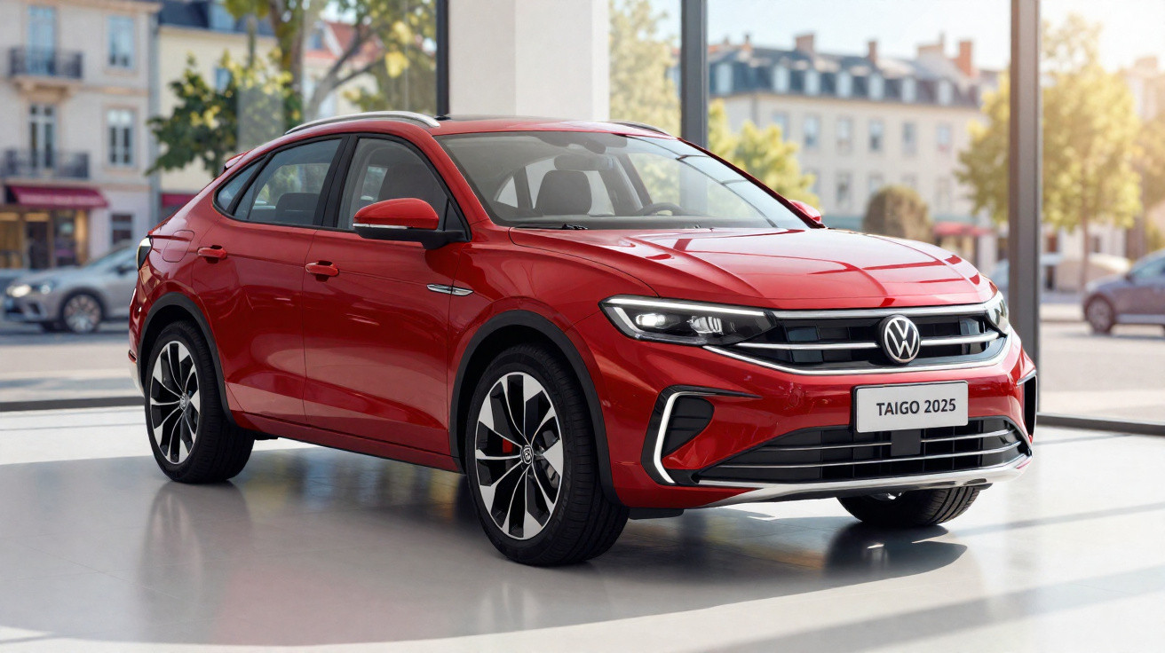 Roter VW Taigo 2025 SUV im Ausstellungsraum mit moderner Front- und LED-Scheinwerfergestaltung.