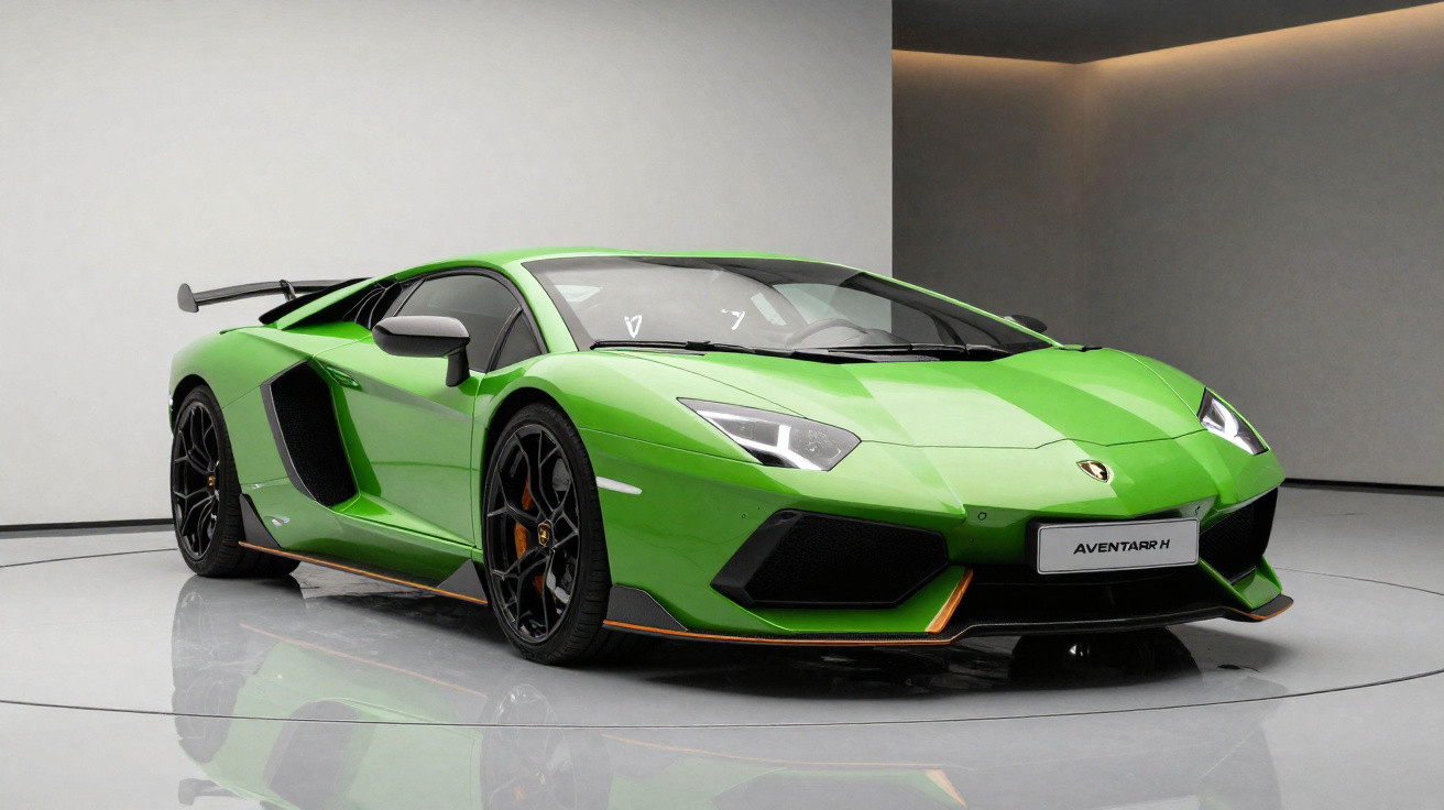 Grüner Lamborghini Aventador Sportwagen in moderner, weiß-grauer Ausstellungsumgebung auf reflektierendem Boden.