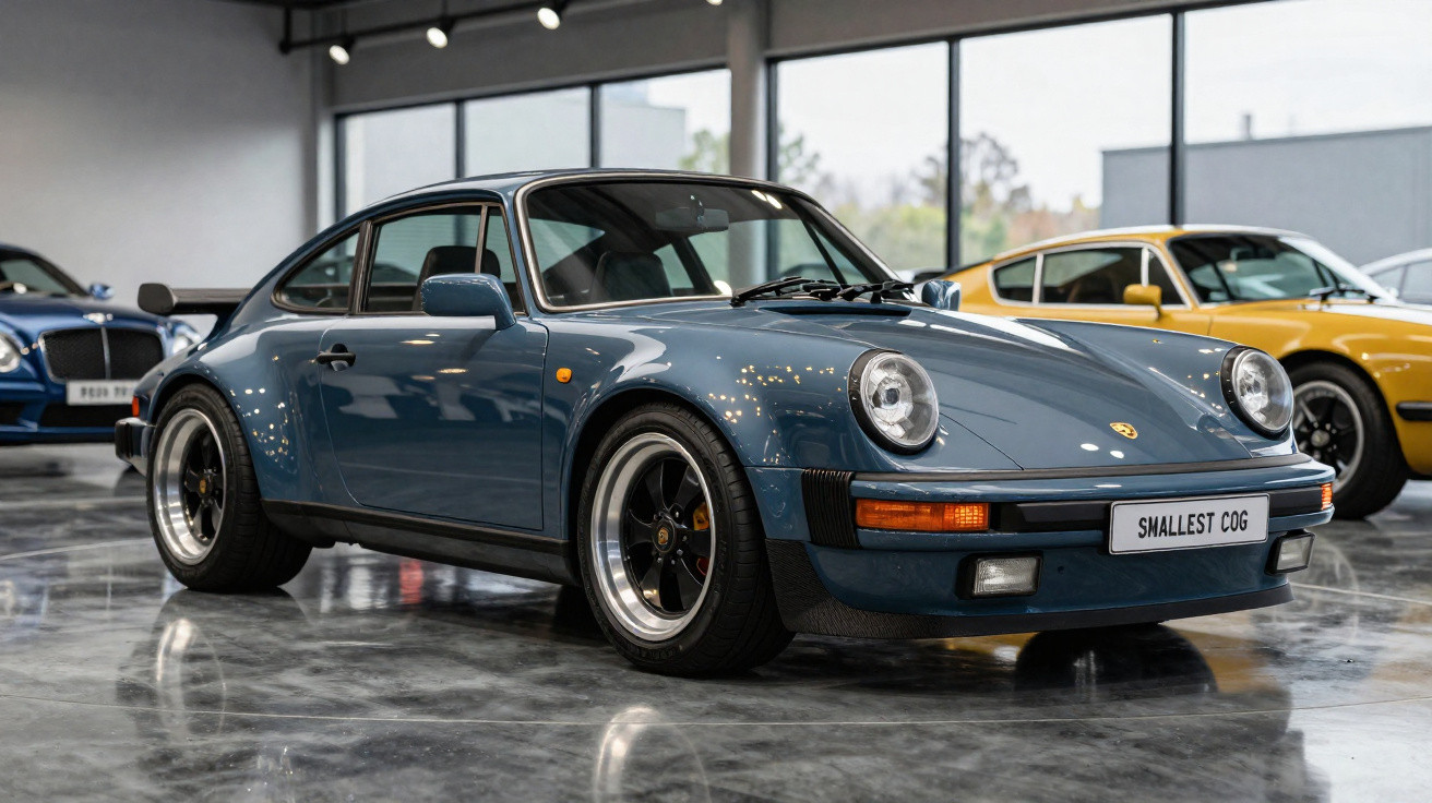 Blauer Porsche 911 Oldtimer-Sportwagen in Ausstellungshalle mit glänzendem Boden und anderen Fahrzeugen im Hintergrund.