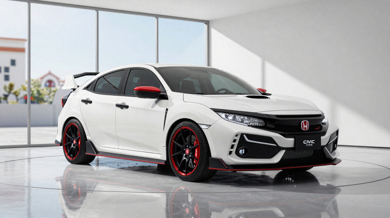 Weißer Honda Civic Typ R mit roten Akzenten und schwarzen Felgen in modernem Showroom.