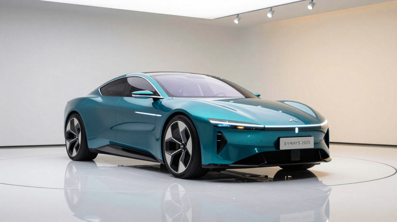Blaugrünes, futuristisches EVWAY 2025 Elektrosportauto in weißem minimalistischen Ausstellungsraum.