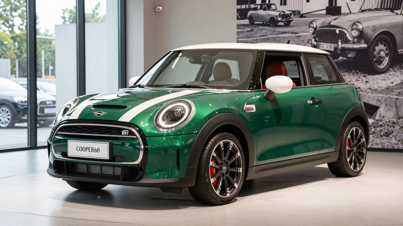 Grüner Mini Cooper mit weißem Dach und Rennstreifen steht in einem hellen Showroom.