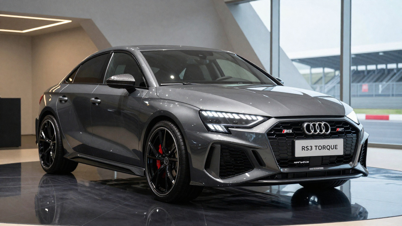 Grauer Audi RS3 Torque Sportwagen mit schwarzen Felgen in modernem Showroom vor Fenster mit Rennstrecke.