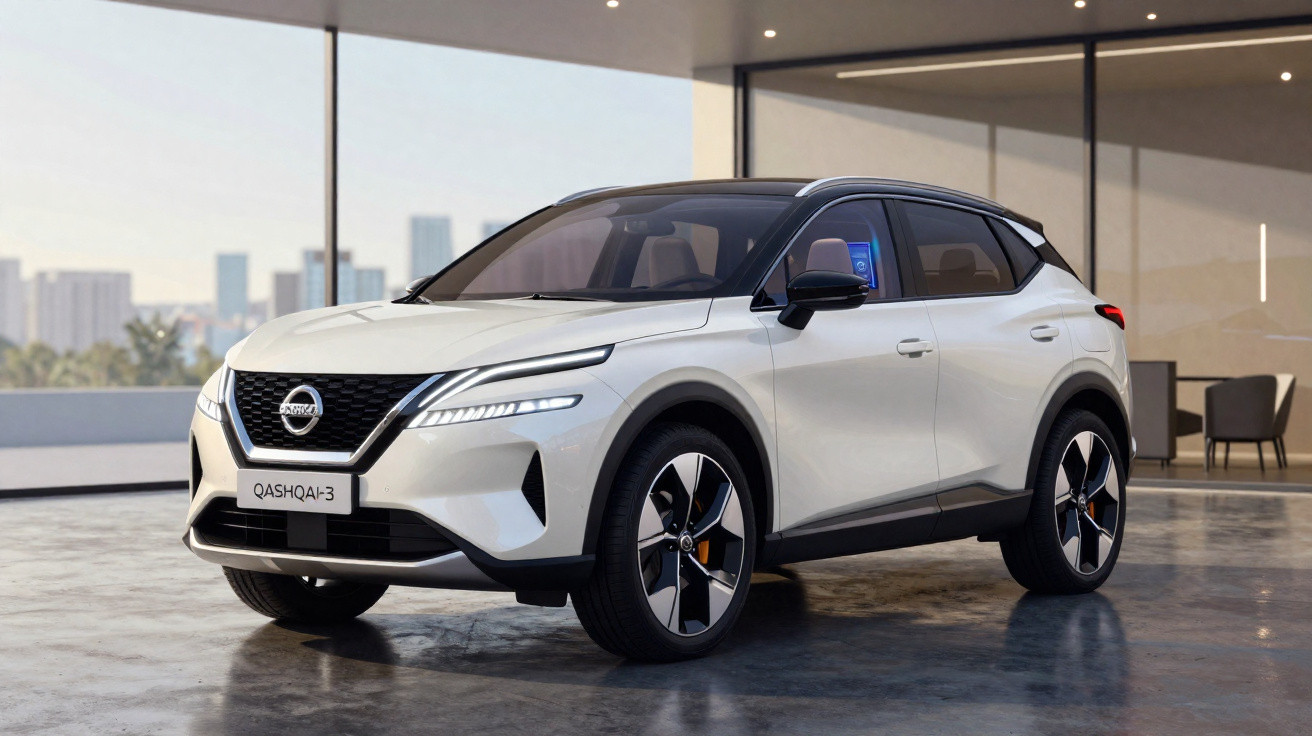 Weißer Nissan Qashqai-3 SUV vor moderner Glasfassade in urbaner Umgebung.