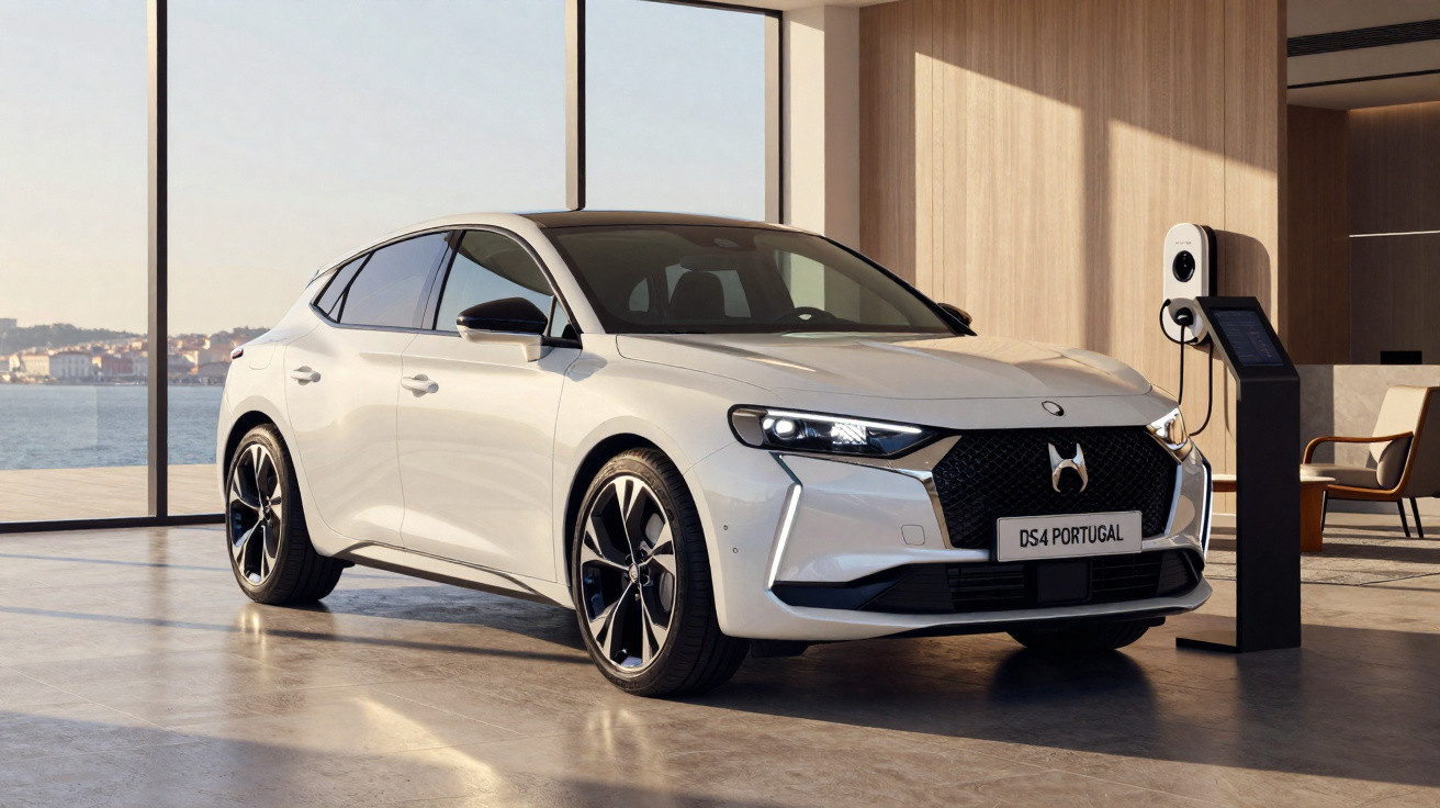 Weißes DS4 Elektroauto steht in modernem Raum und lädt an Ladestation mit Fensterblick aufs Wasser.