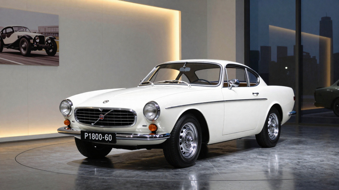 Weißer klassischer Volvo P1800 Oldtimer im modernen Ausstellungsraum mit beleuchtetem Hintergrund.