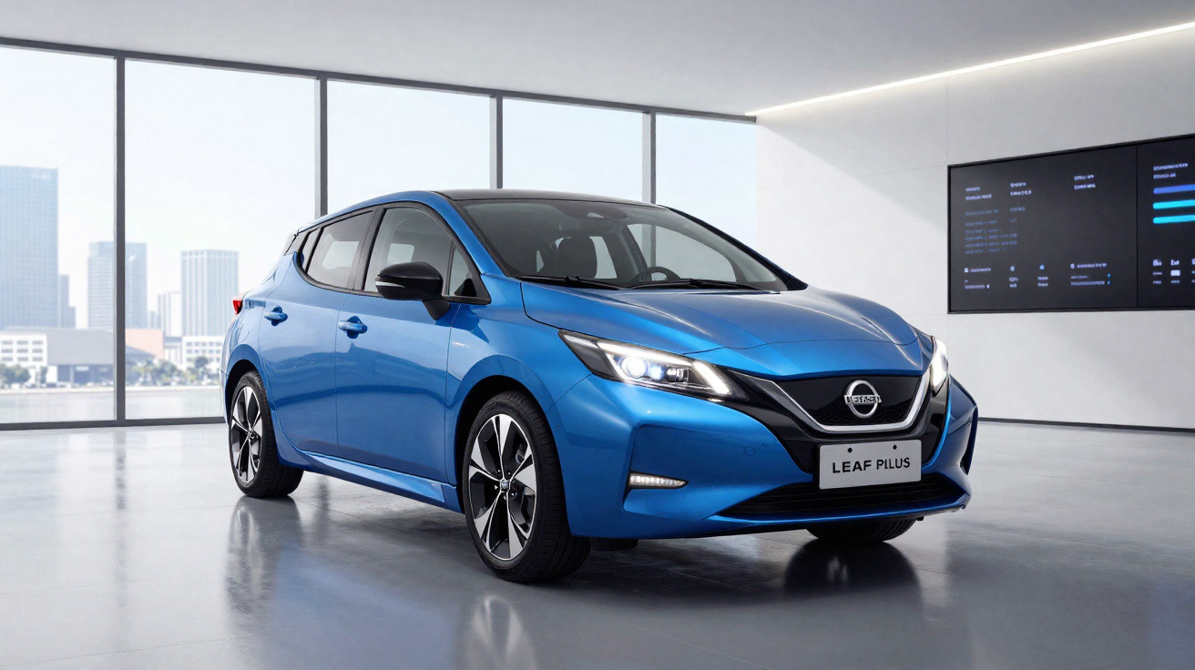 Blauer Nissan Leaf Plus Elektroauto in modernem Showroom mit großem Fenster und Stadtblick.