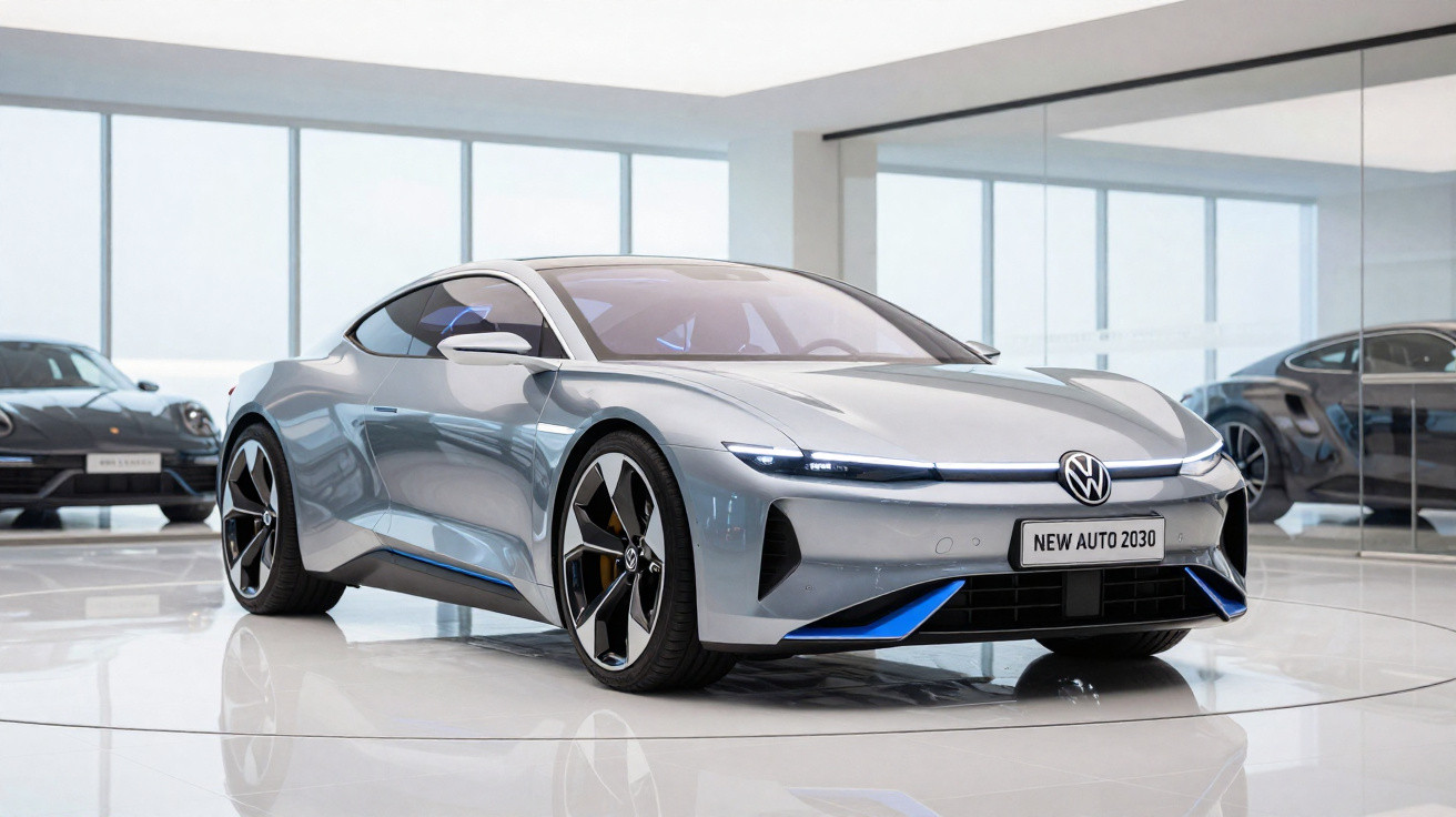 Silberner Volkswagen Elektro-Sportwagen in modernem Showroom mit großem Panoramafenster und Spiegelwand.