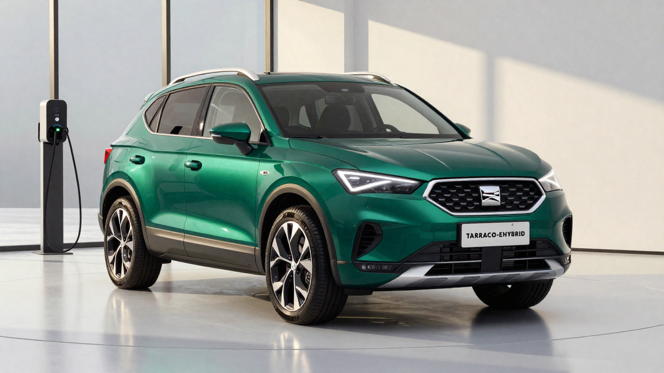 Grüner Seat Tarraco E-Hybrid SUV lädt an Ladestation in modernem, hellem Raum.