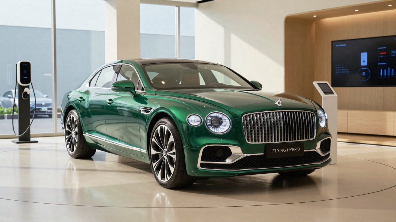 Grünes Bentley Flying Hybrid Luxusauto in modernem Showroom mit Ladestation im Hintergrund.