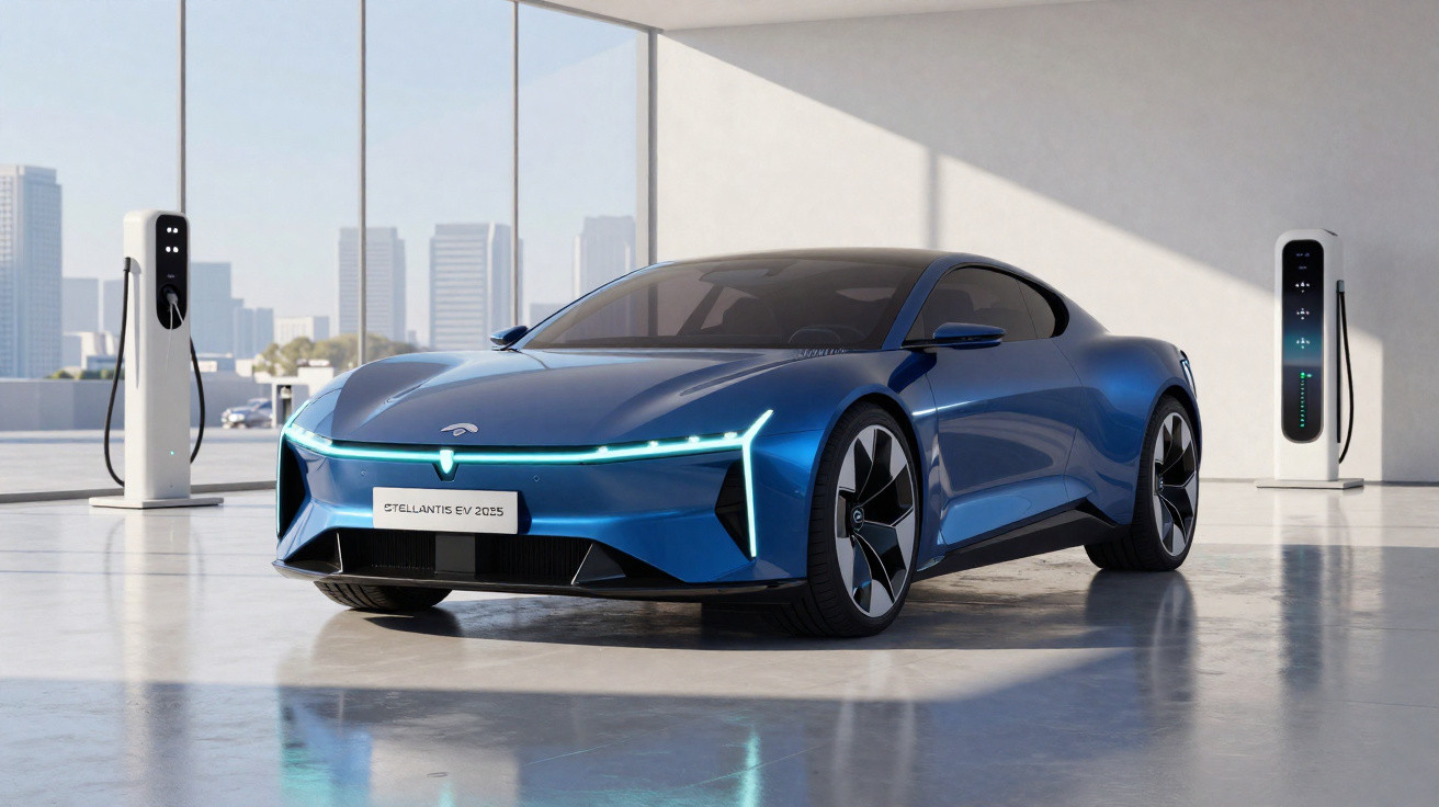 Blauer futuristischer Elektrosportwagen an Ladestation in modernem, hellem Parkhaus mit Stadtblick.