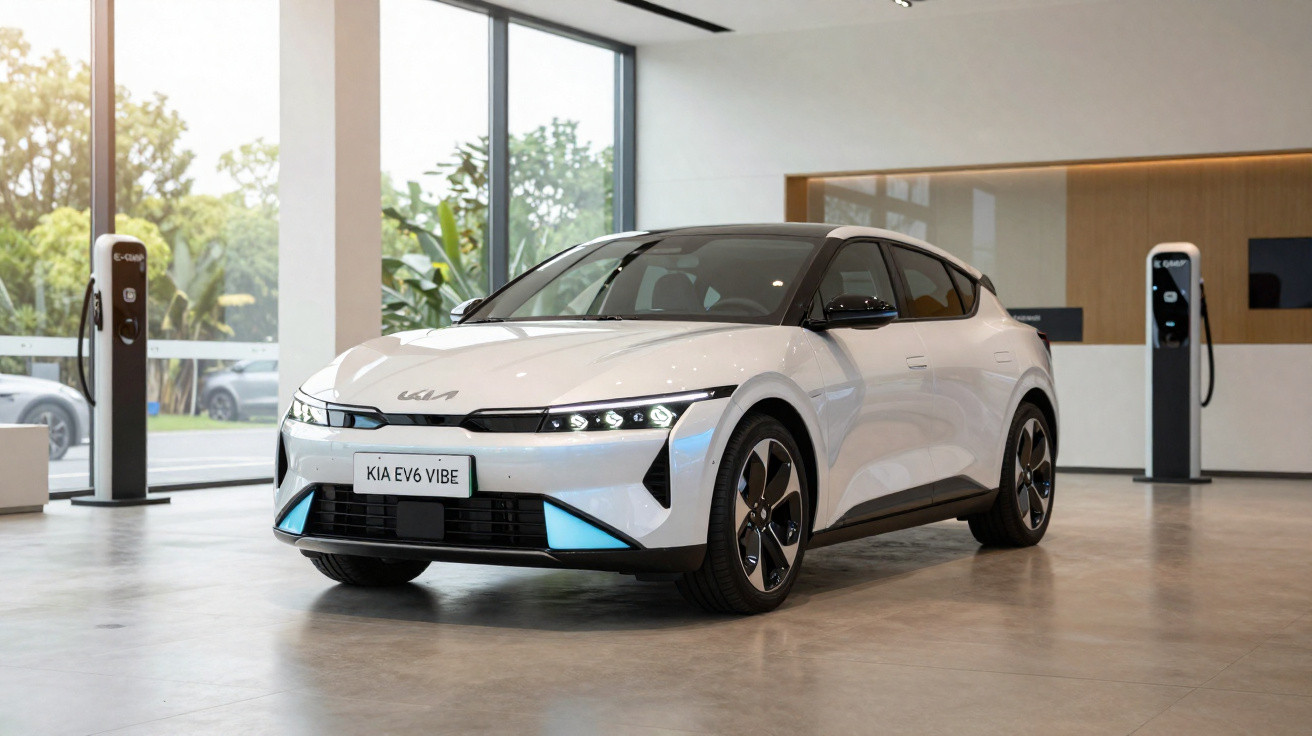 Weißer Kia EV6 Vibe Elektroauto in modernem Showroom neben Ladestationen.