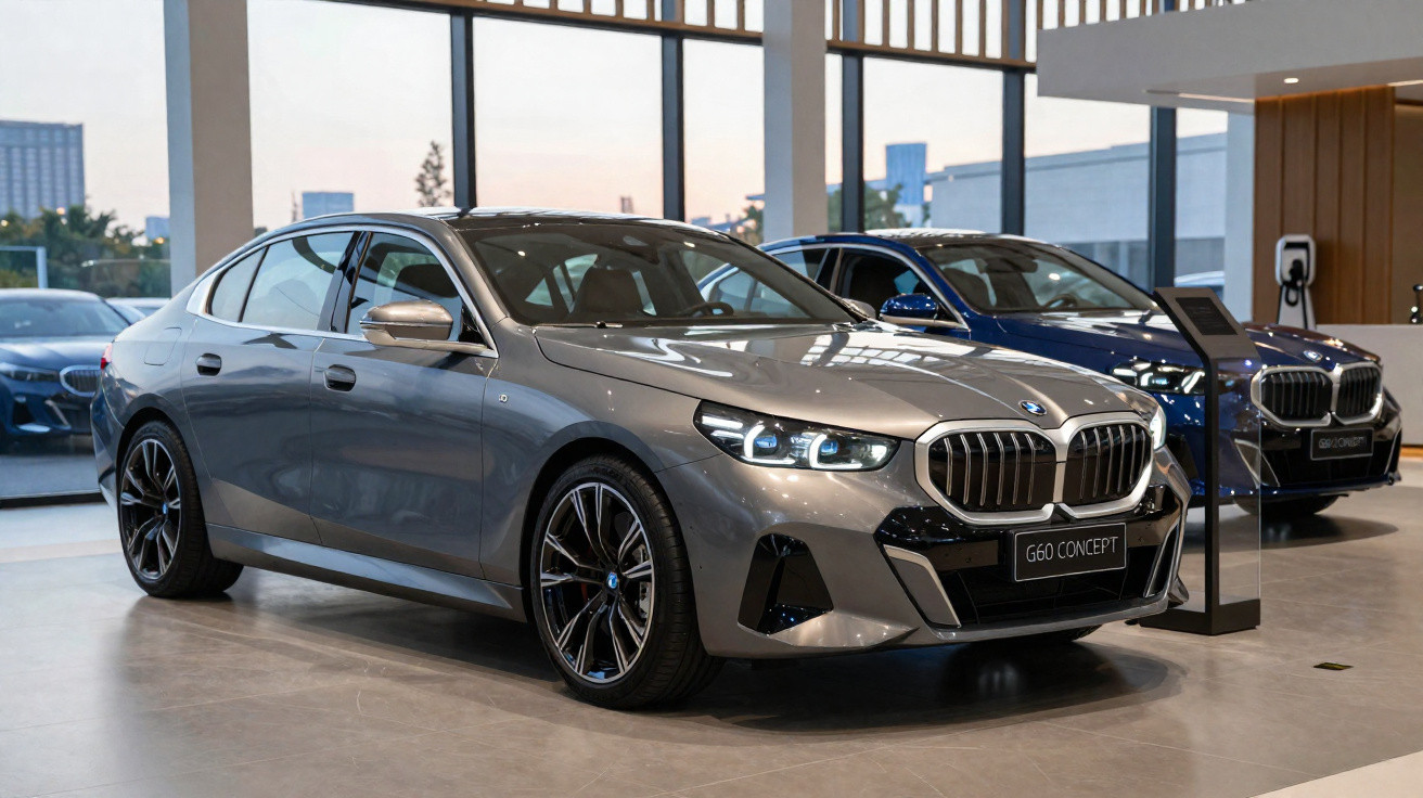 Silberner BMW G60 Concept im Autohaus mit weiteren Fahrzeugen im Hintergrund.