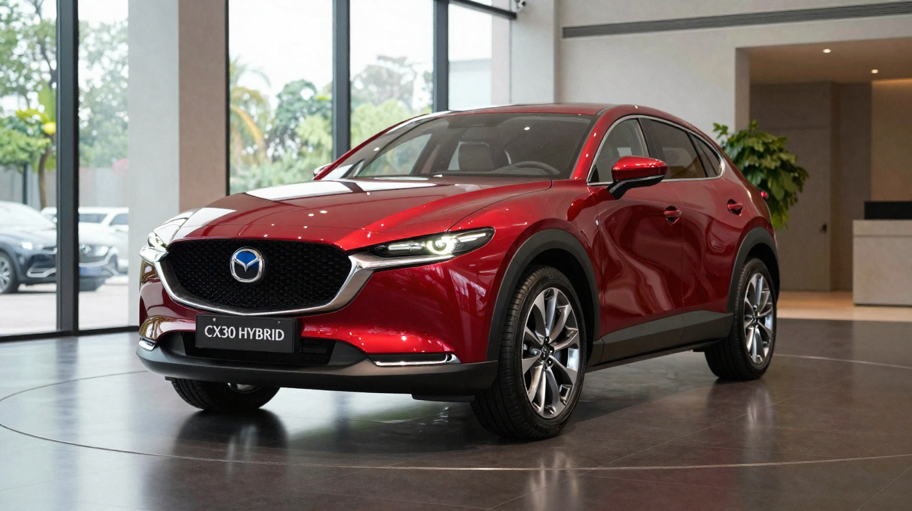 Roter Mazda CX-30 Hybrid SUV in einem modernen, hellen Showroom mit Glasfenstern.