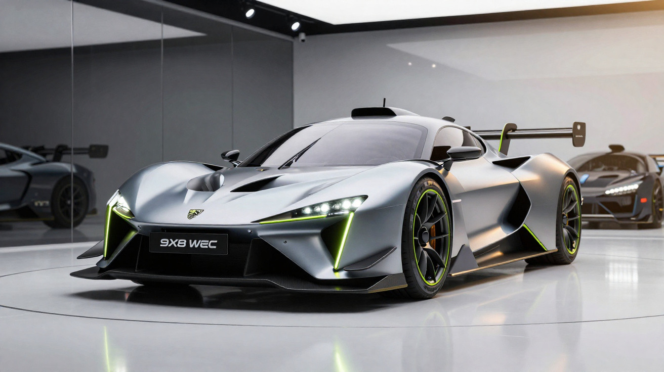 Silberner Hochleistungssportwagen 9X8 WEC mit aerodynamischem Design und LED-Scheinwerfern in einer modernen Ausstellung.