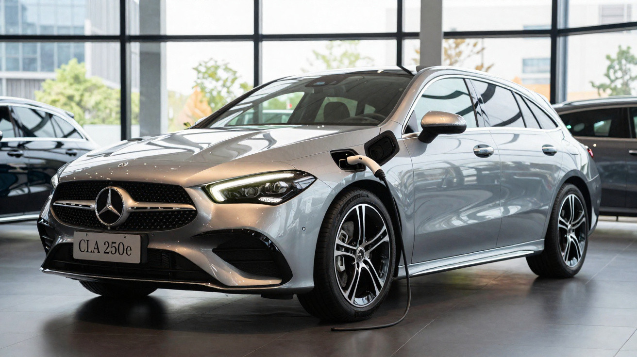 Silberner Mercedes CLA 250e Elektroauto beim Laden in modernem Showroom mit großen Fenstern.
