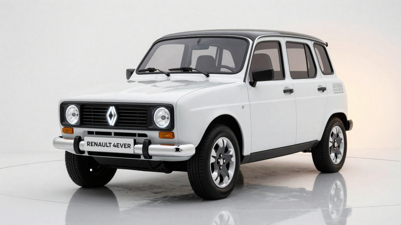 Weißer Renault 4 mit schwarzem Dach, weiße Frontscheinwerfer und graue Felgen auf hellgrauem Hintergrund.