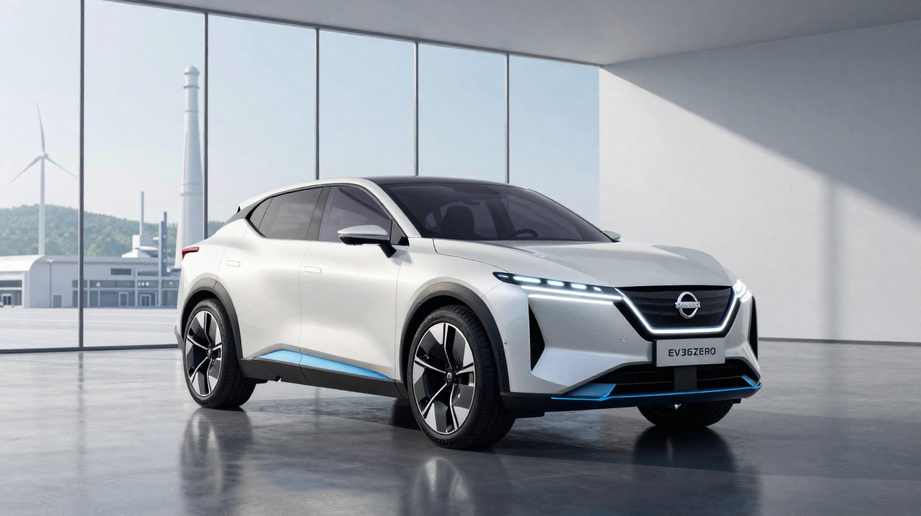Weißer Nissan EV36ZERO Elektro-SUV in modernem Showroom mit großen Fenstern und Industriehintergrund.