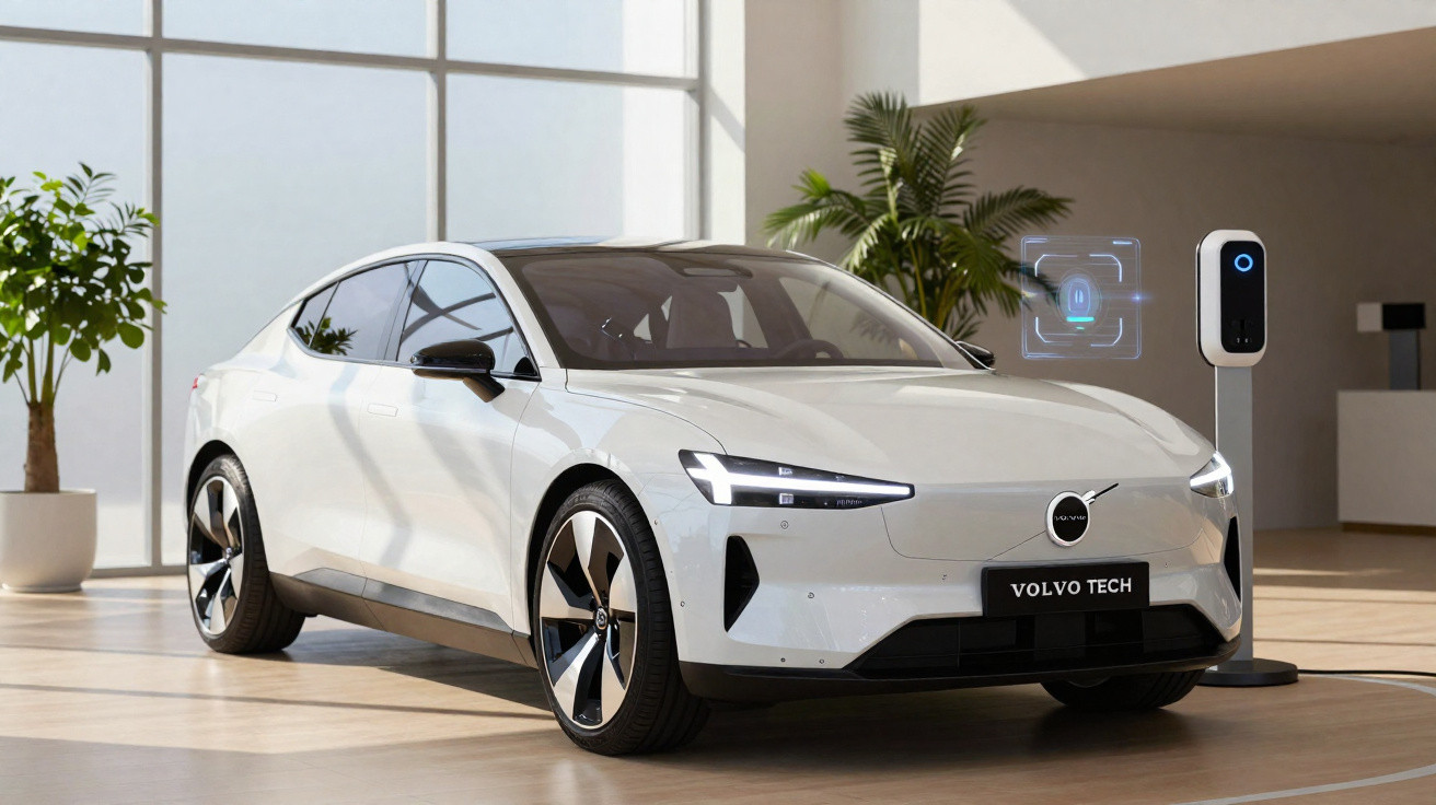 Weißes Volvo Elektroauto an Ladestation in modernem, lichtdurchflutetem Raum mit Pflanzen.