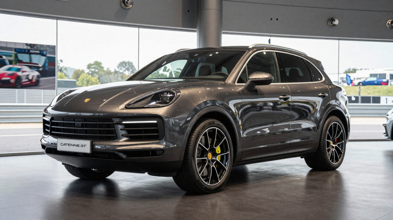 Dunkelgrauer Porsche Cayenne GT SUV steht in einem modernen Ausstellungsraum mit großen Fenstern.