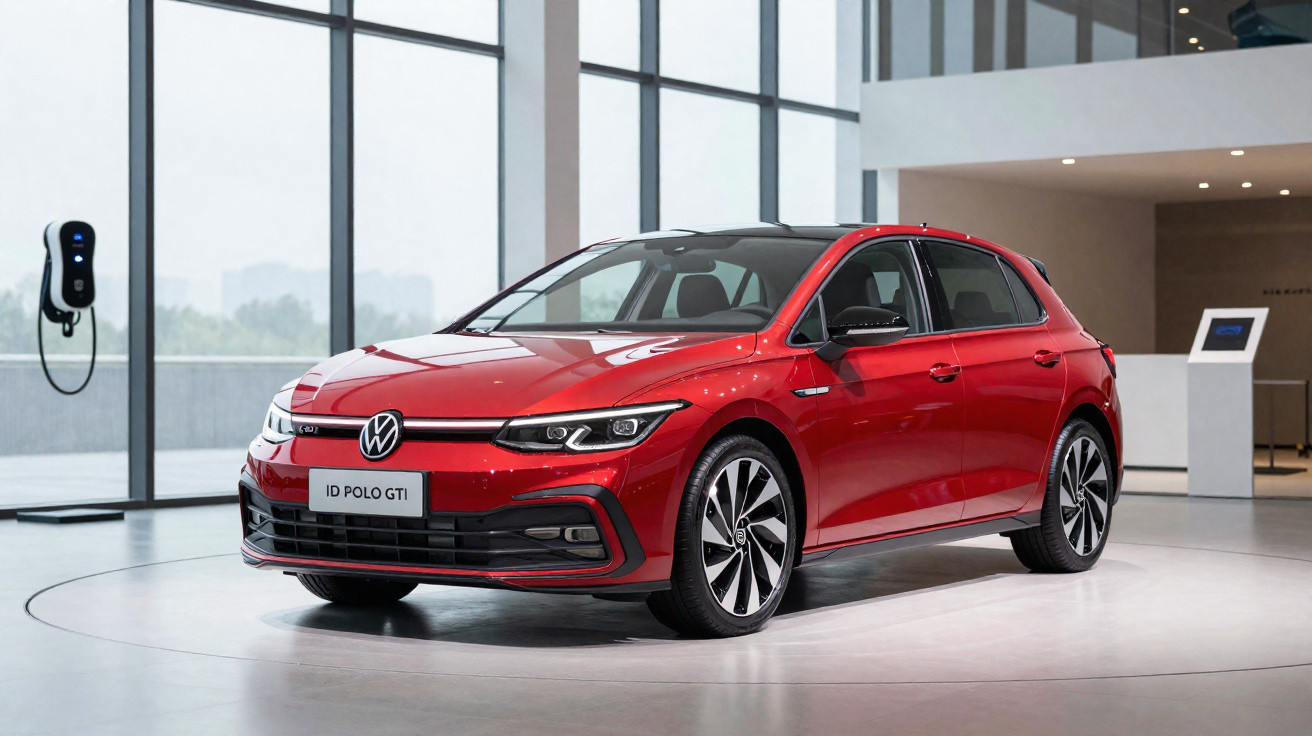 Roter VW ID Polo GTI steht in einem hellen, modernen Ausstellungsraum mit großen Fenstern und Ladestation.