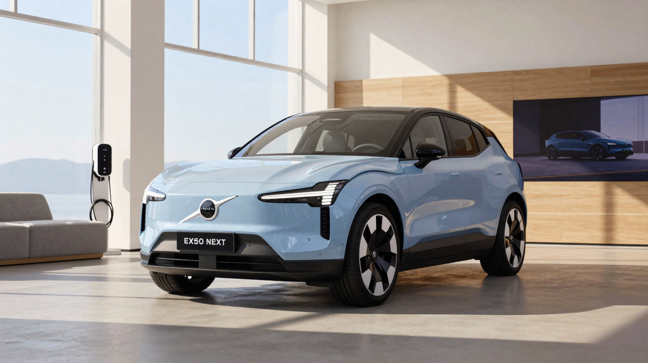 Blauer Volvo EX50 NEXT Elektro-SUV in modernem Showroom neben Ladestation und Sofa