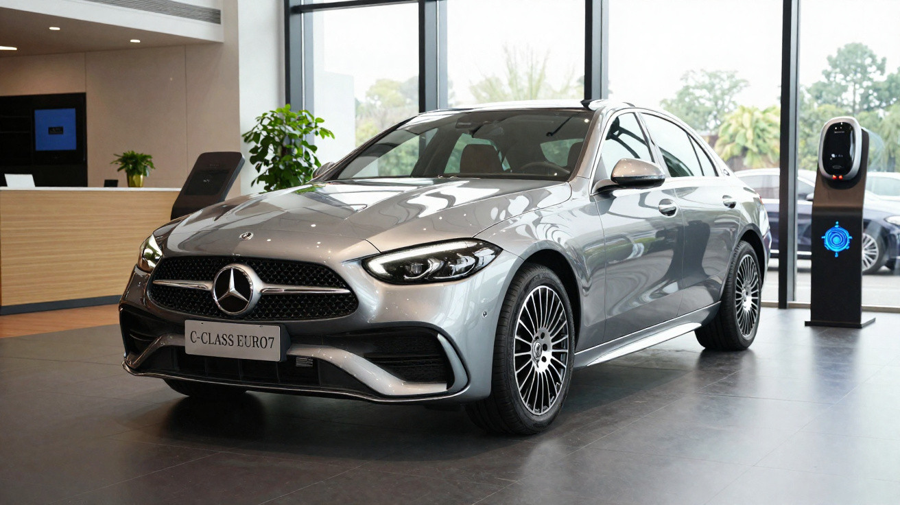 Silberner Mercedes C-Klasse Kombi steht in modernem Showroom neben Ladestation.