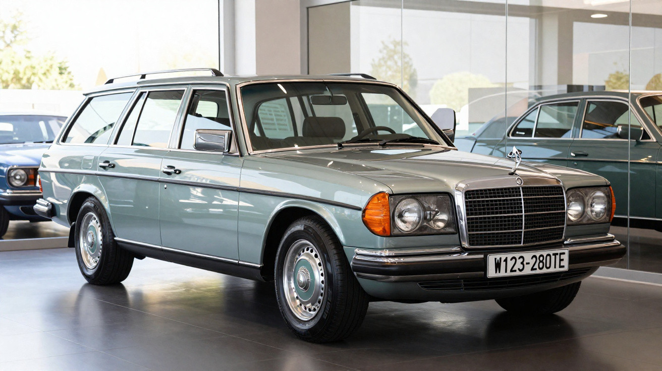 Hellblauer Mercedes-Benz T-Modell der Baureihe W123, geparkt in einem modernen Showroom mit Glaswänden.