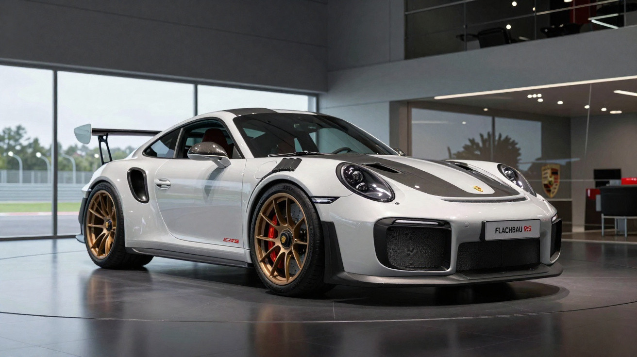 Weißer Porsche 911 GT2 RS mit goldenen Felgen und großem Heckflügel im Showroom.