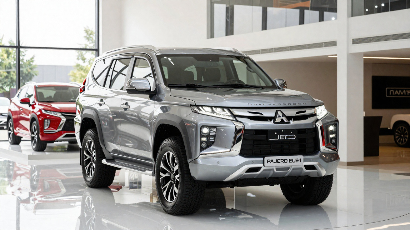 Silberner Mitsubishi Pajero SUV im Autohaus mit rotem Fahrzeug im Hintergrund auf glänzendem Boden.