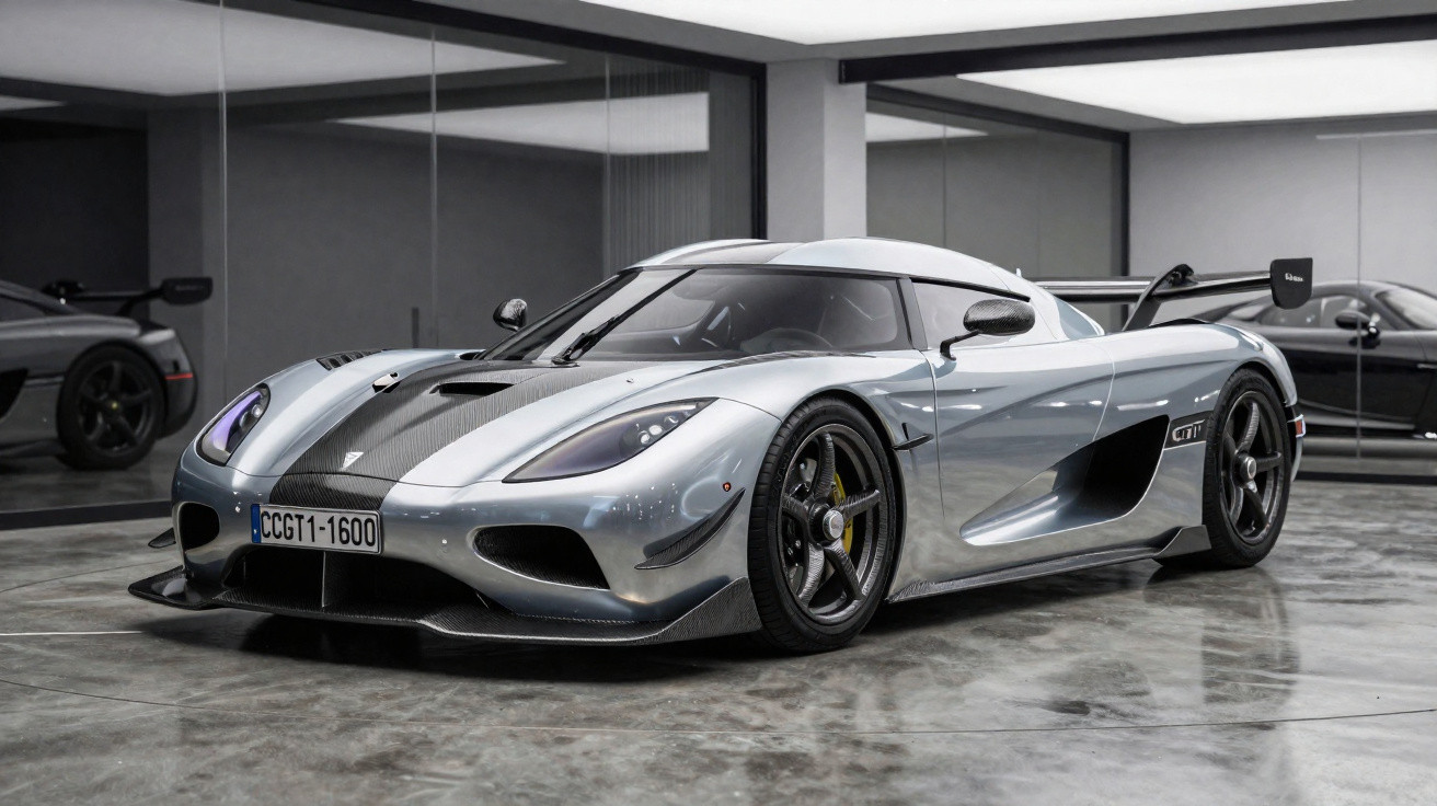 Silberner Koenigsegg CCR Supersportwagen in moderner Garage mit glänzendem Betonboden.
