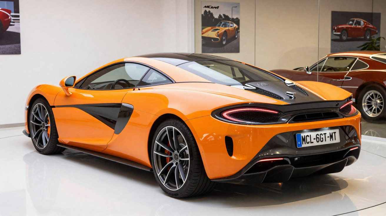 Oranger McLaren Sportwagen mit schwarzem Dach in moderner Ausstellungshalle, Rückansicht.