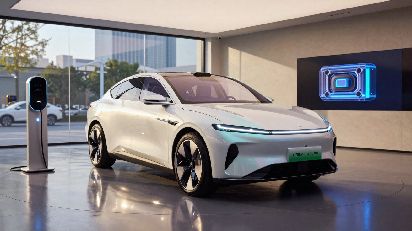 Weißes, futuristisches Elektroauto in modernem Showroom neben Ladestation und digitaler Wandpräsentation.