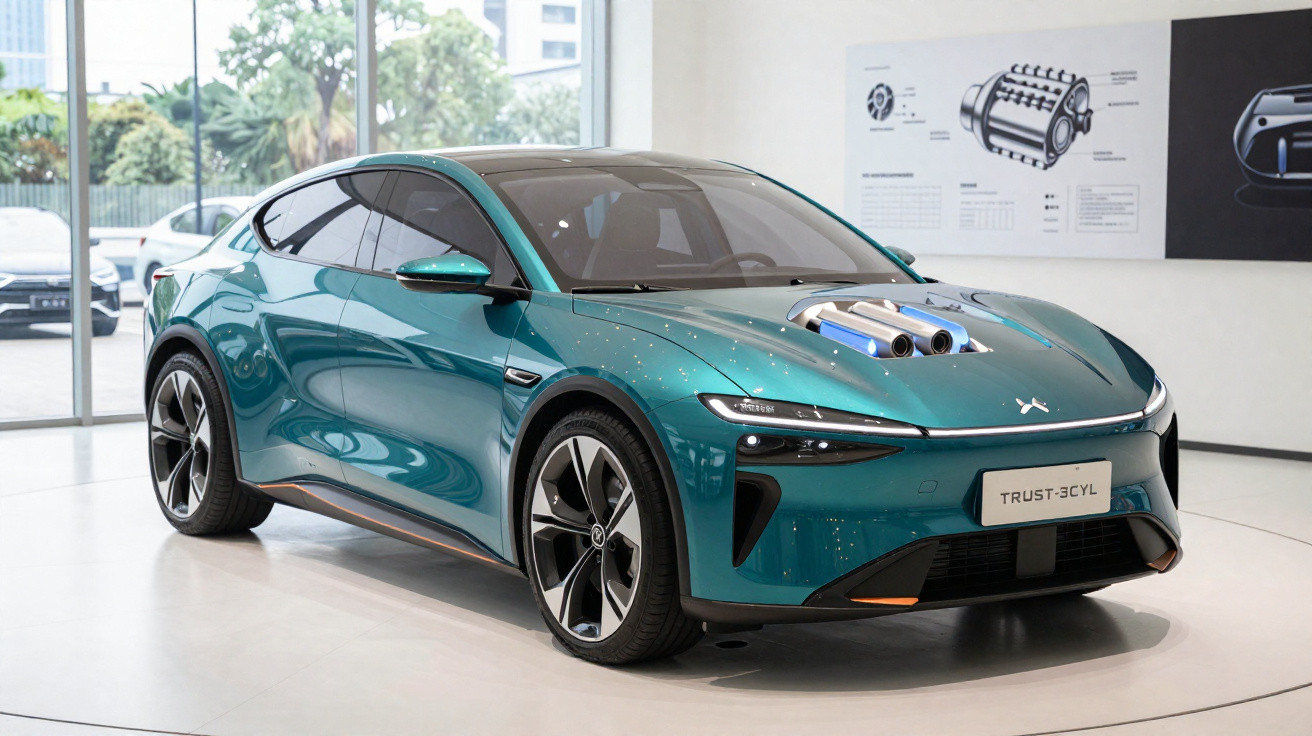 Sportliches türkisfarbenes Elektroauto mit auffälligem Motoraufbau in moderner Ausstellungshalle.