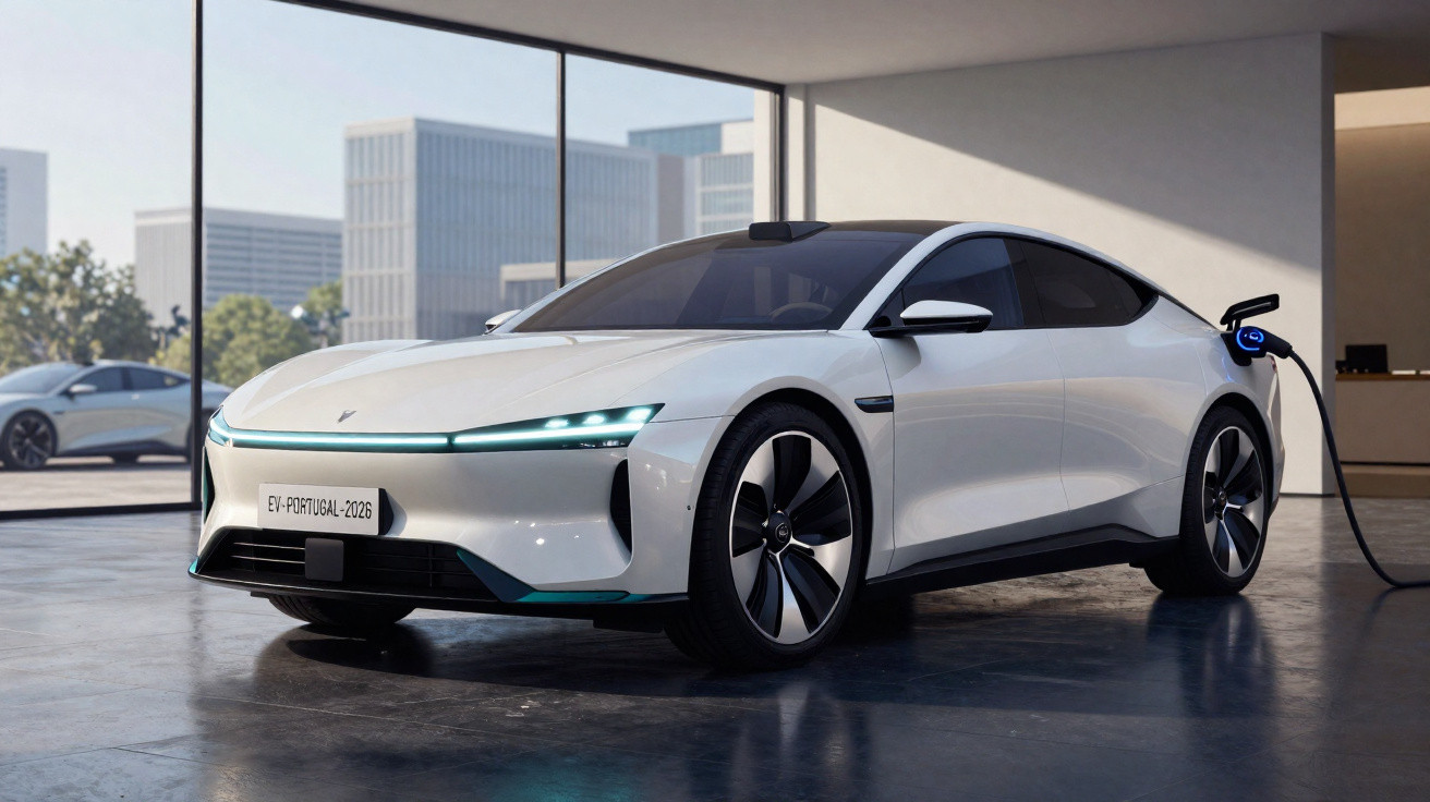 Weißes Elektroauto futuristisches Design lädt an Ladestation in modernem Gebäude mit Glasfront.