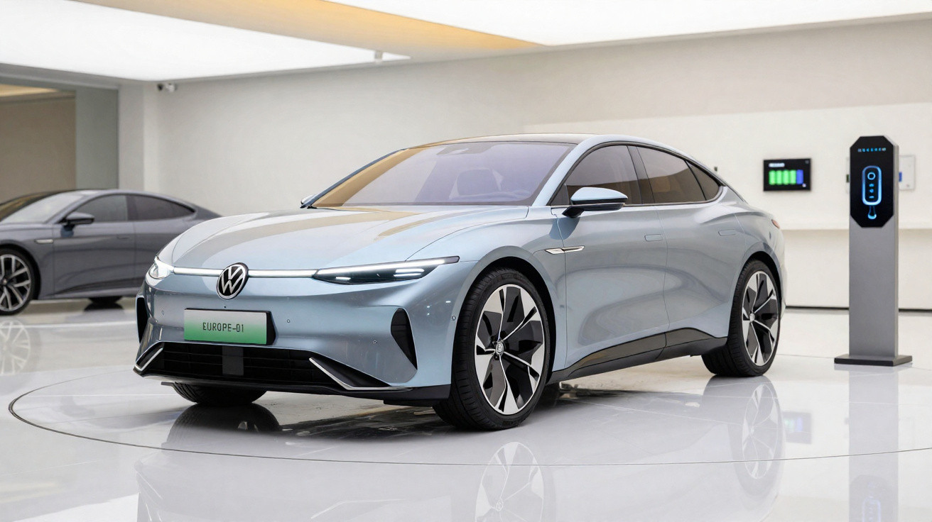 Silberner Volkswagen Elektroauto vor Ladestation in modernem, hellem Showroom.