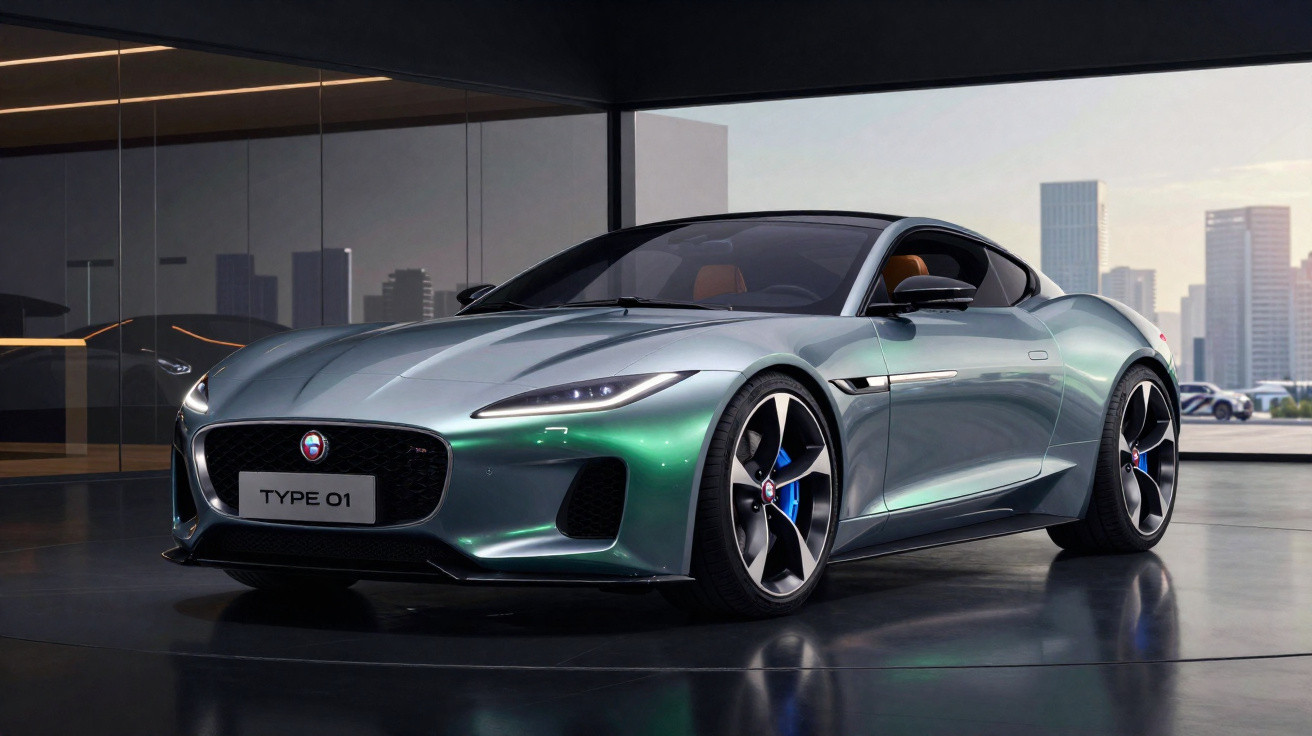 Sportlicher silbergrüner Jaguar Type 01 Elektro-Supersportwagen in modernem Showroom mit Stadtkulisse.