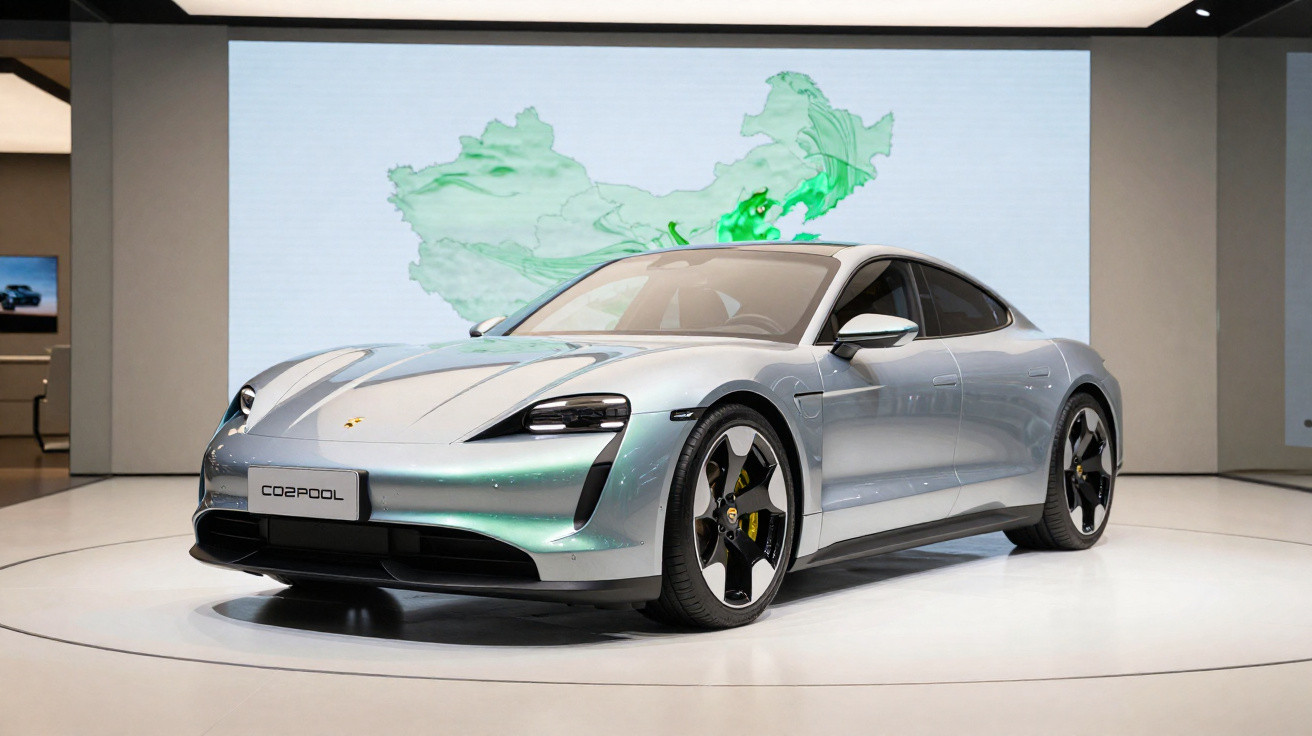 Silberner Porsche Taycan vor Display mit grünem China-Kartenmotiv auf Messeplattform