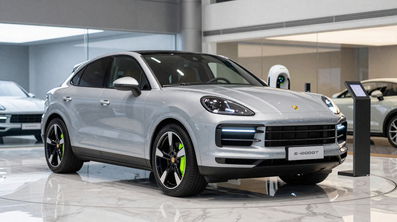 Silberner Porsche Cayenne E-Hybrid im Ausstellungsraum vor Ladestation auf Marmorfußboden