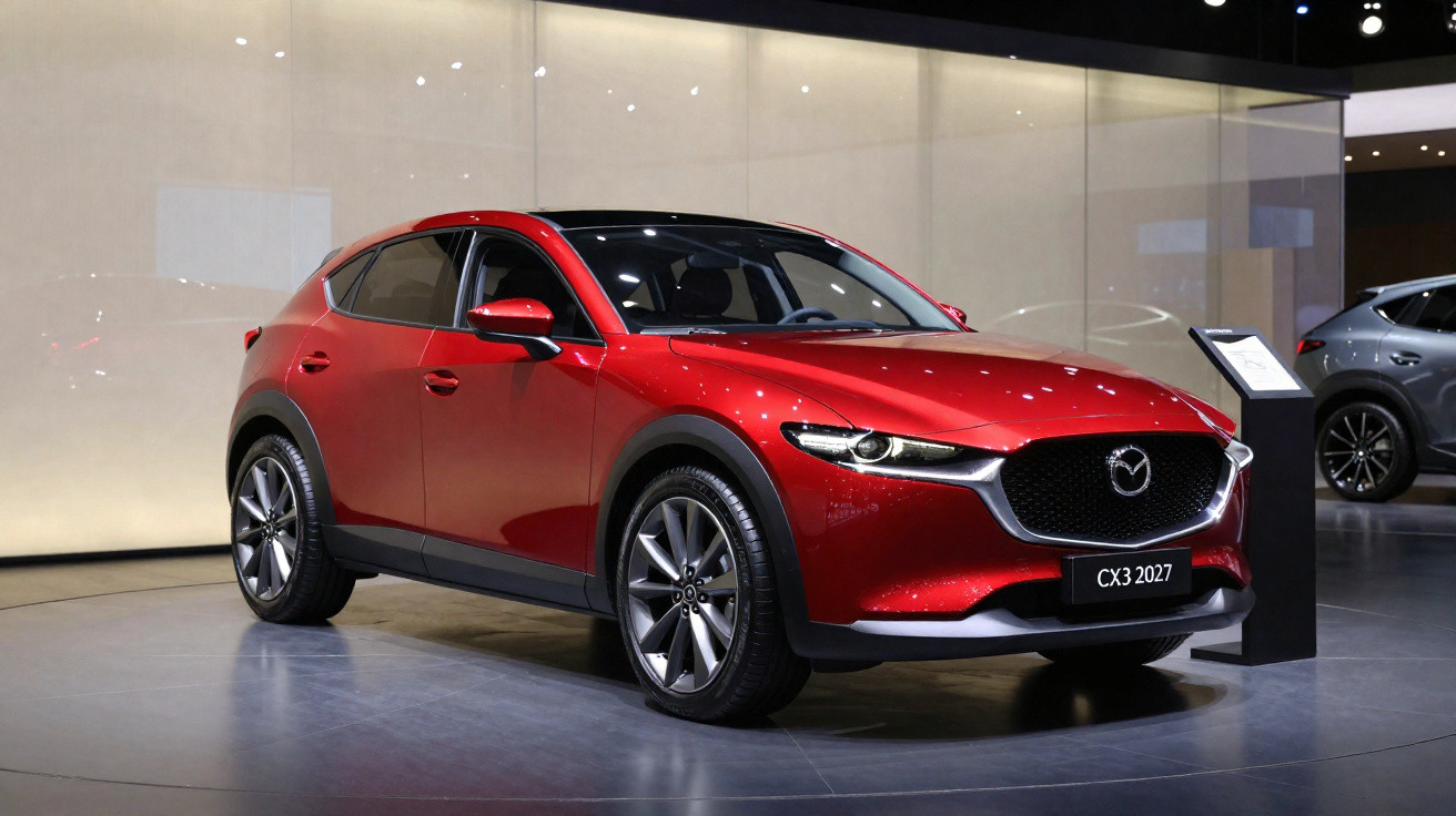 Roter Mazda CX-3 2027 SUV in einer Ausstellungshalle auf einem Podest mit Beleuchtung.