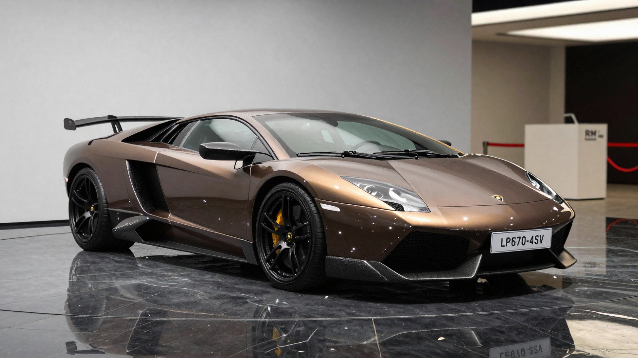 Lamborghini Murciélago in brauner Lackierung mit schwarzem Heckflügel auf poliertem Boden in Innenraum.