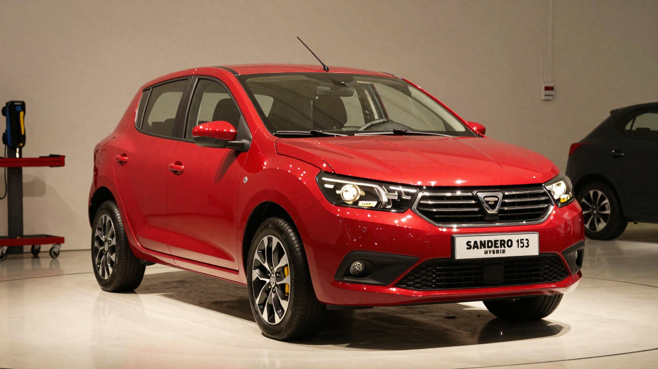 Roter Dacia Sandero Hybrid 153 steht in hellem Raum, Blick auf Front und Fahrerseite.