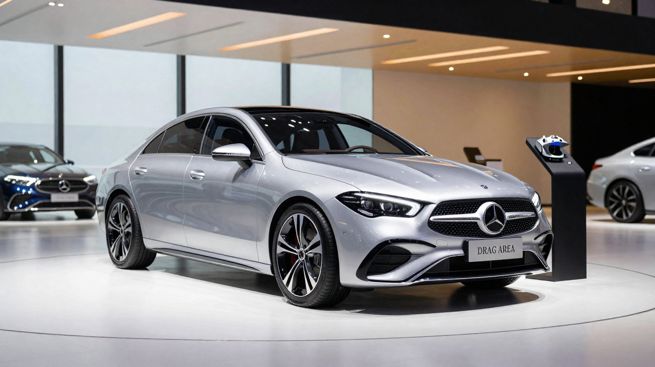 Silberner Mercedes-Benz auf weißer Ausstellungsfläche in moderner, heller Messehalle mit weiteren Fahrzeugen.